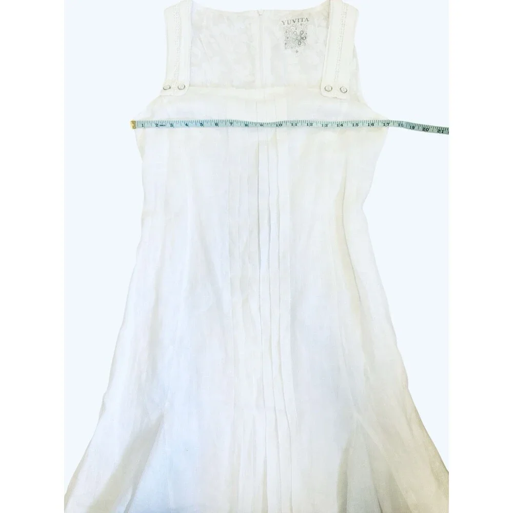 Yuvita White Linen Sleeveless Pleated Short Midi Dress Flowy Coastal Summer 6 - Picture 6 of 7